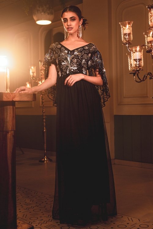 c.1910 Toutmain Paris Hand Beaded & Sequin Black Silk & Net Trained Go –  Shrimpton Couture